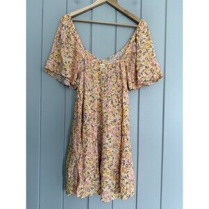 Billabong Take a Chance Babydoll Dress L Large Peach Punch Floral Flutter Sleeve